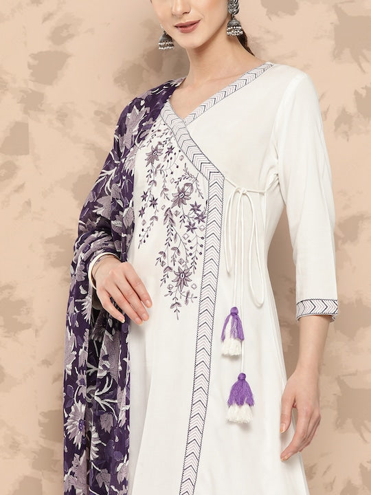 Yufta Women Purple Embroidered Angrakha Thread Work Kurta with Salwar & With Dupatta