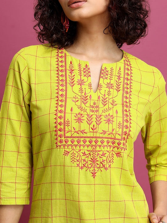 Vishudh Lime Green Checked Thread Work Detailed Cotton Straight Kurta