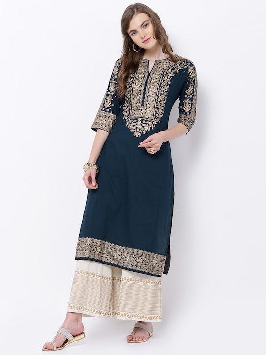 Vishudh Women Navy Blue & Gold-Toned Printed Straight Kurta