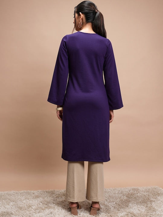 Vishudh Violet Floral Embroidered V-Neck Long Sleeves Thread Work Kurta