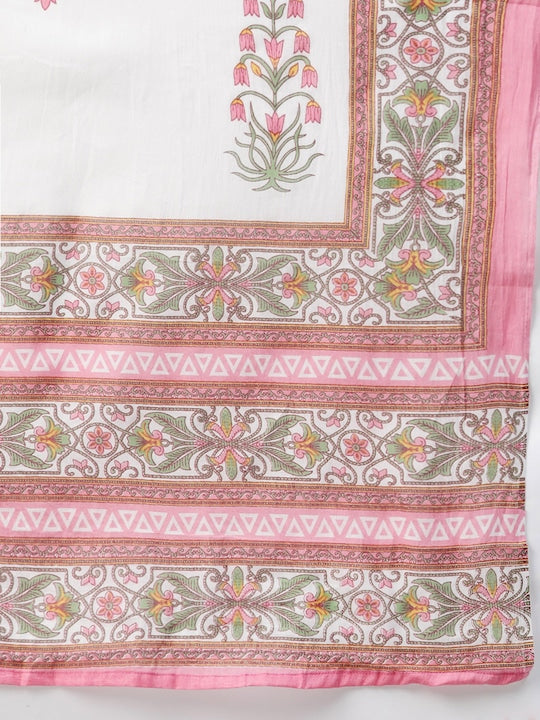 Yufta Women Pink & Yellow Handblock Printed Pure Cotton Kurta with Trousers & Dupatta
