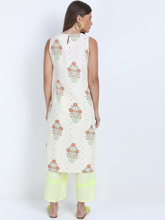Vishudh Women Off White & Yellow Ethnic Motifs Printed Pure Cotton Kurta with Trousers
