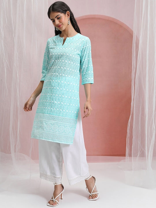 Vishudh Blue & White Floral Embroidered Round Notched Neck Straight Kurta