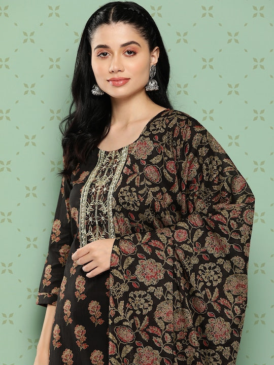Yufta Women Floral Embroidered Regular Gotta Patti Pure Cotton Kurta Set