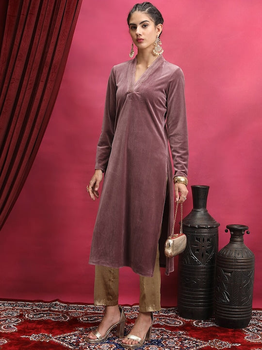 Vishudh Maroon Embroidered Neck Band Straight Kurta