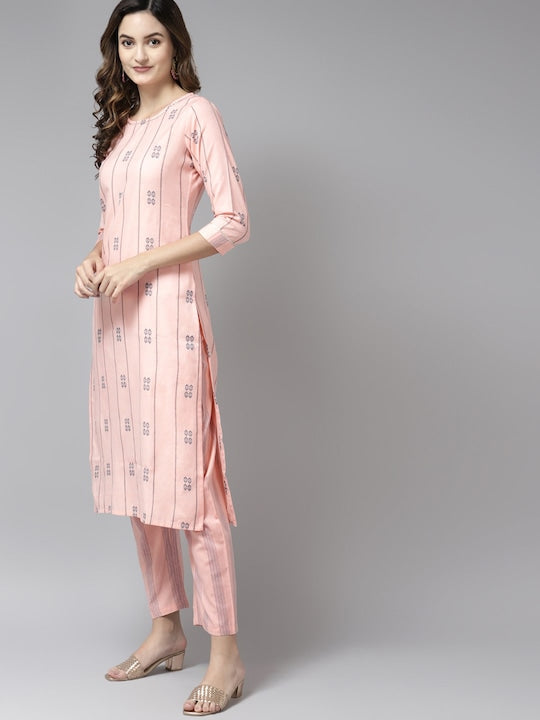 Yufta Peach Ethnic Motifs Printed Regular Kurta With Trousers & Dupatta