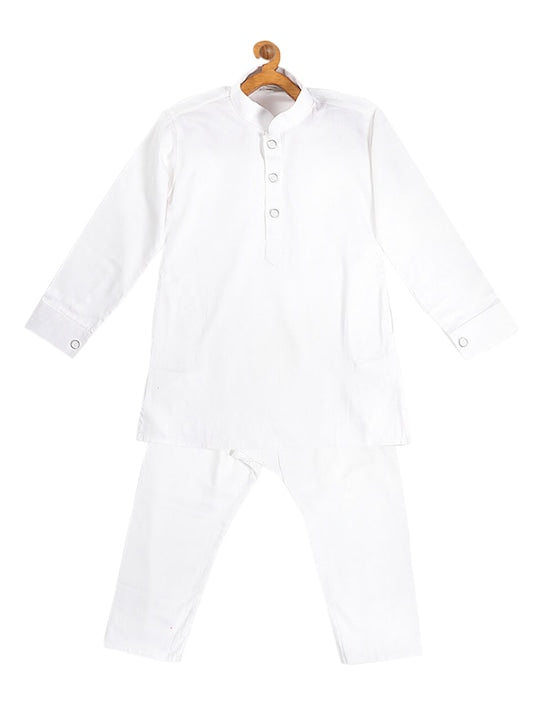 Vastramay Sishu Boys White Cotton Blend Kurta Pyjama & Polka Dot Printed Nehru Jacket