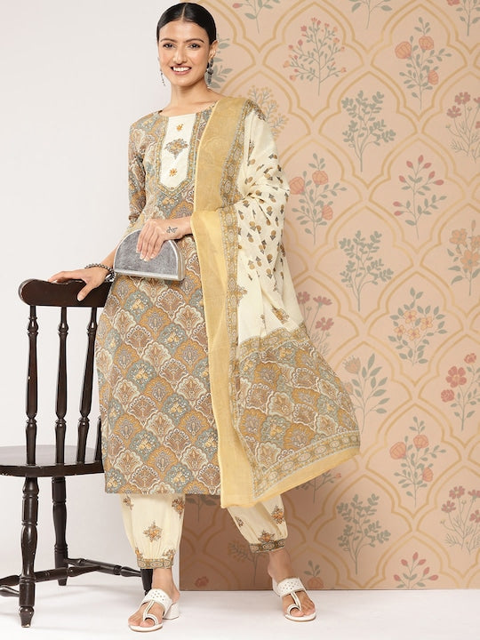 Yufta Women Ethnic Motifs Printed Sequinned Cotton Kurta with Harem Pants & Dupatta