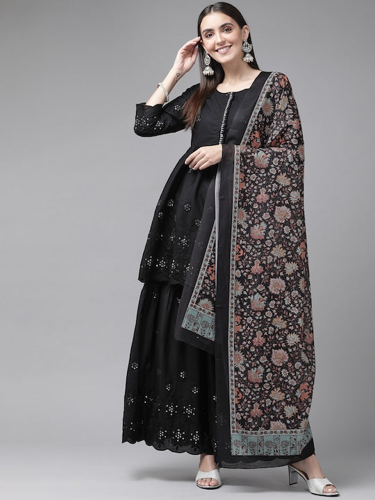 Yufta Women Black Empire Mirror Work Pure Cotton Kurti with Sharara & With Dupatta