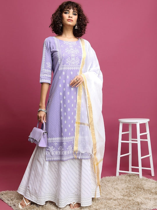 Vishudh Mauve Ethnic Motifs Printed Round Neck Pure Cotton Kurta With Skirt & Dupatta