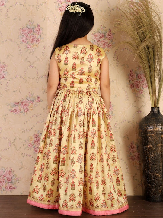Vastramay Girls Yellow & Pink Printed Angrakha Style Ready to Wear Lehenga Set