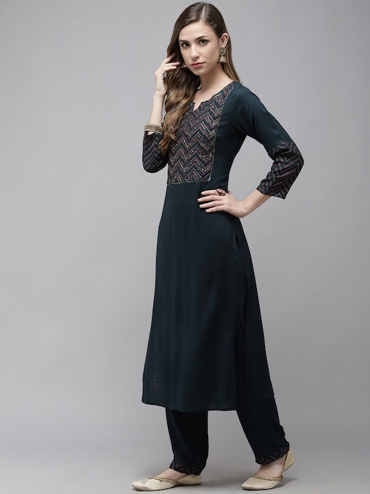 Yufta Women Green Regular Gotta Patti Kurta with Trousers & With Dupatta