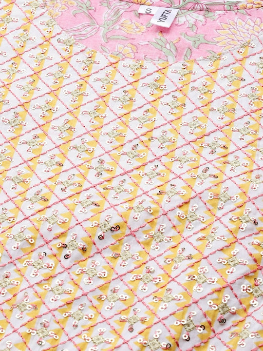 Yufta Women Pink & Yellow Handblock Printed Pure Cotton Kurta with Trousers & Dupatta