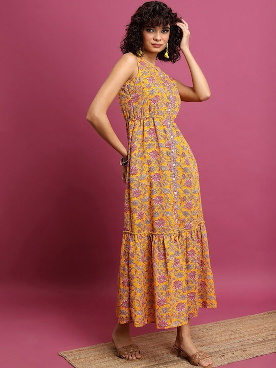 Vishudh Orange Floral Printed Gathered Maxi Dress