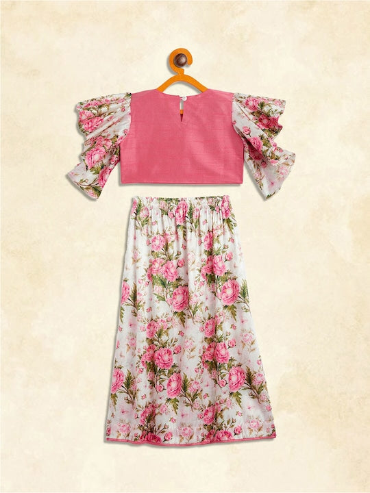 Vastramay Sishu Girls Pink & Cream-Coloured Ready to Wear Lehenga & Choli