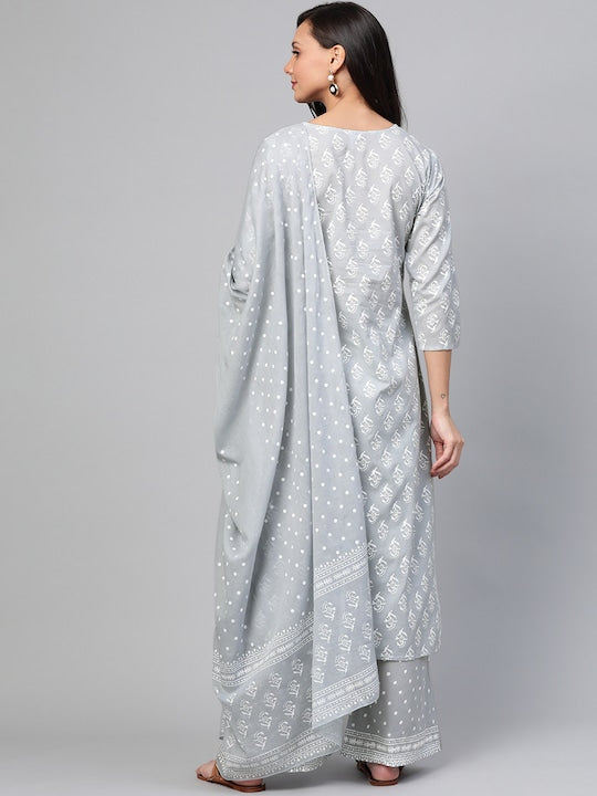 Yufta Women Grey & White Printed Kurta with Palazzos & Dupatta