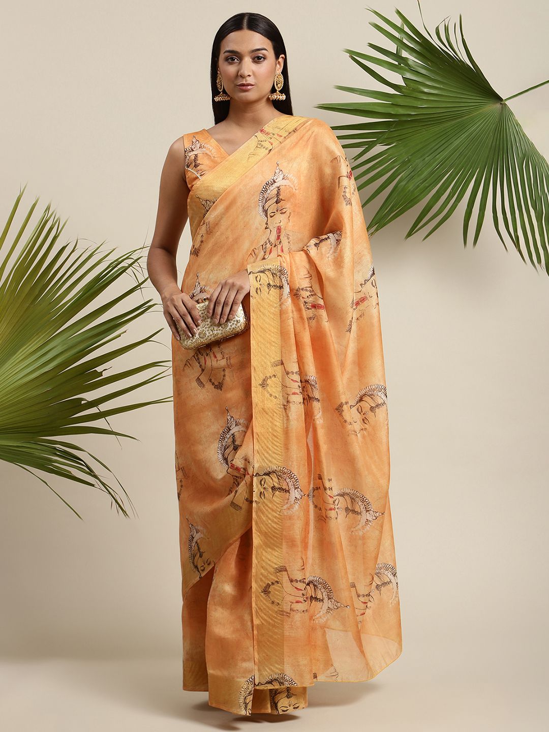 Ahalyaa Women's Orange Chanderi Digital Printed Saree