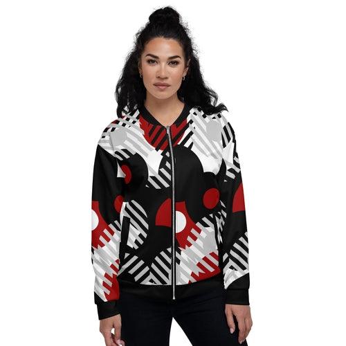 Womens Bomber Jacket, Black Red & Grey Geometric Style - zoter Shop