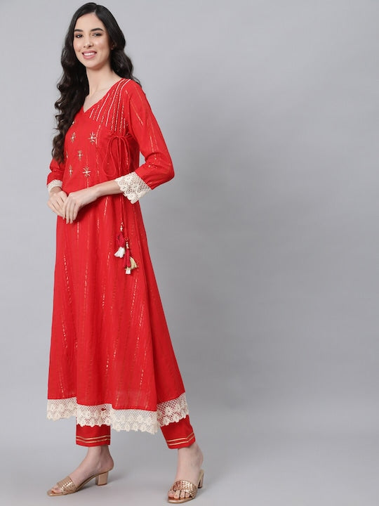 Anubhutee Women Red Ethnic Motifs Yoke Design Layered Beads and Stones Pure Cotton Kurta with Trousers &