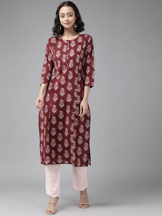 Yufta Women Maroon & Off White Ethnic Motifs Printed Pure Cotton Kurta with Palazzos