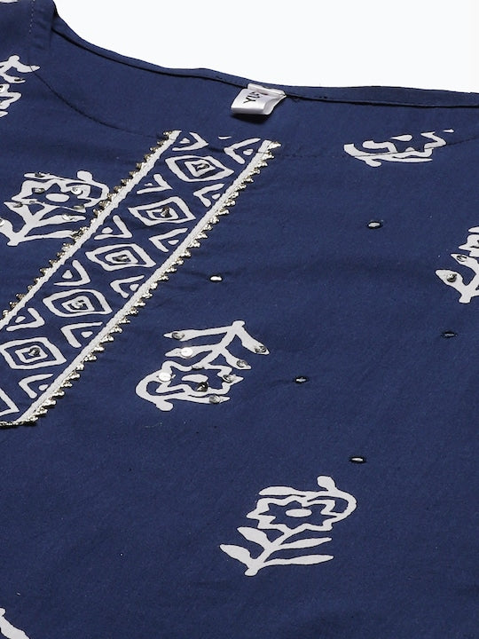 Yufta Women Navy Blue Printed Layered Pure Cotton Kurta with Trousers & Dupatta