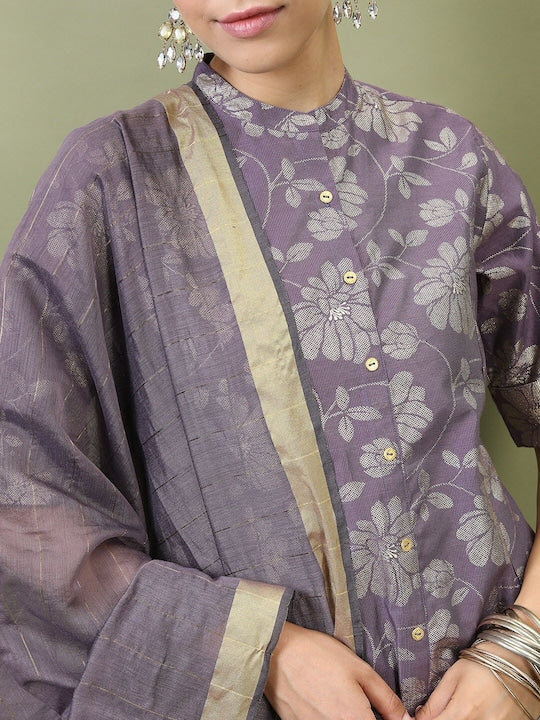 Vishudh Women Purple Floral Printed Kurta with Trousers & With Dupatta