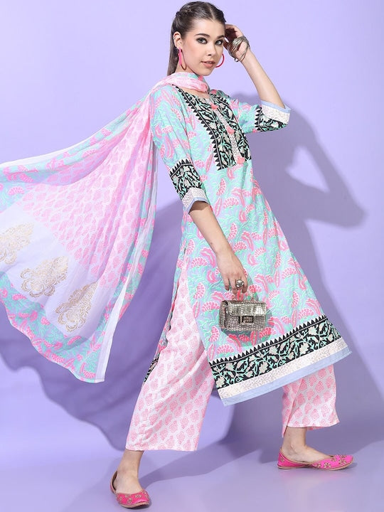 Vishudh Women Blue Floral Printed Kurta with Palazzos & With Dupatta