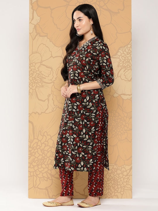 Yufta Women Floral Printed Regular Pure Cotton Kurta with Palazzos & With Dupatta