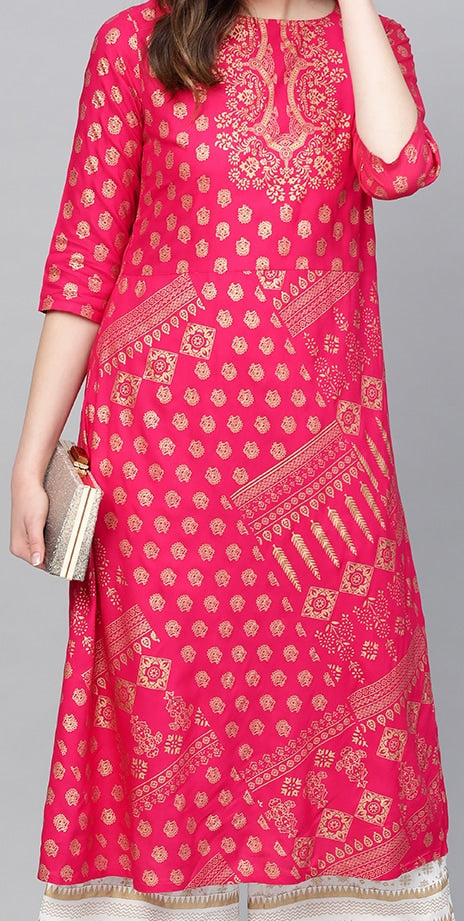 Anubhutee Fuchsia Foil Print A Line Viscose Kurta with Palazzos