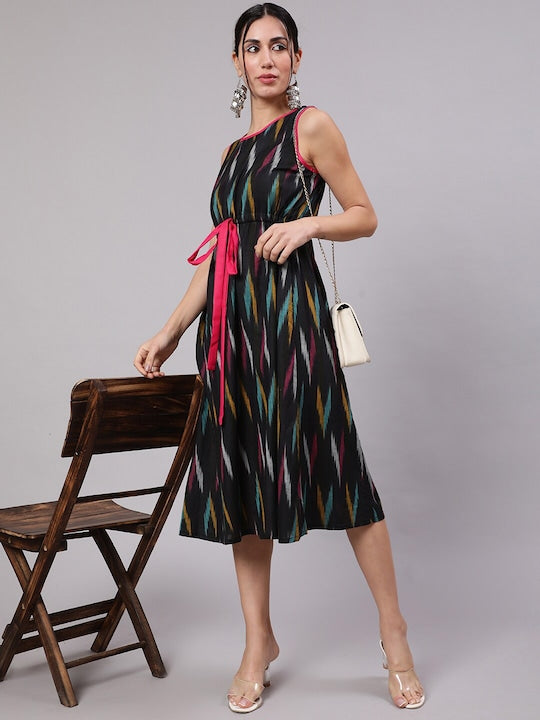 AKS Ikat Printed A-Line Cotton Midi Dress