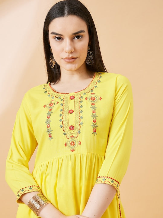 All about you Floral Embroidered Round Neck High Slit Kurta With Trouser