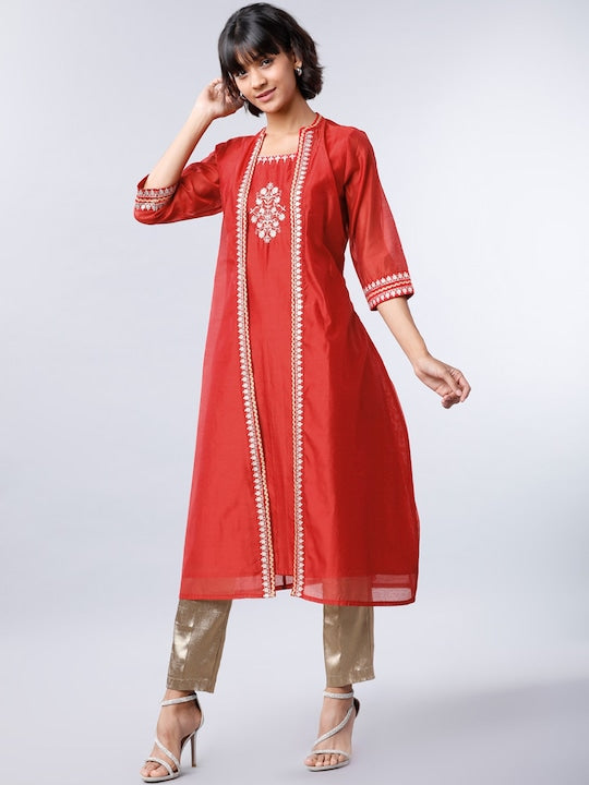 Vishudh Women Red Embroidered A-Line Kurta