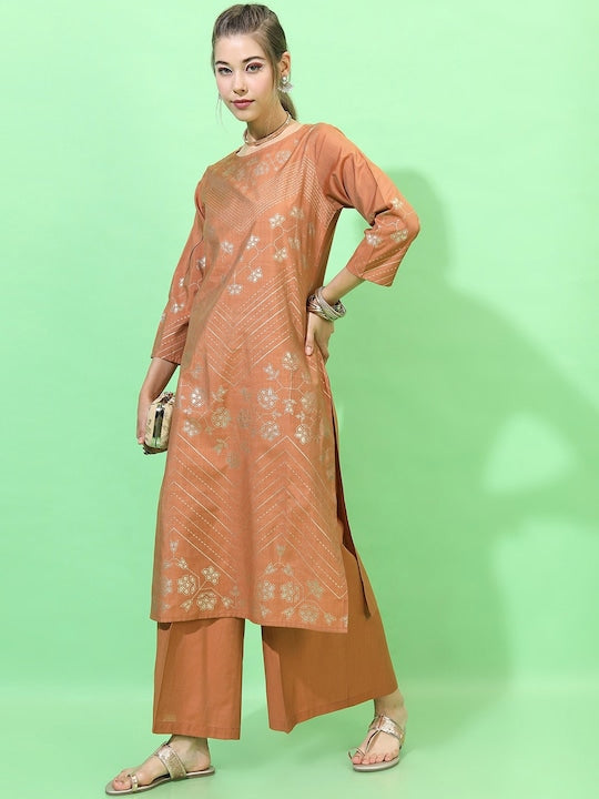 Vishudh Women Rust Floral Printed Kurta with Palazzos