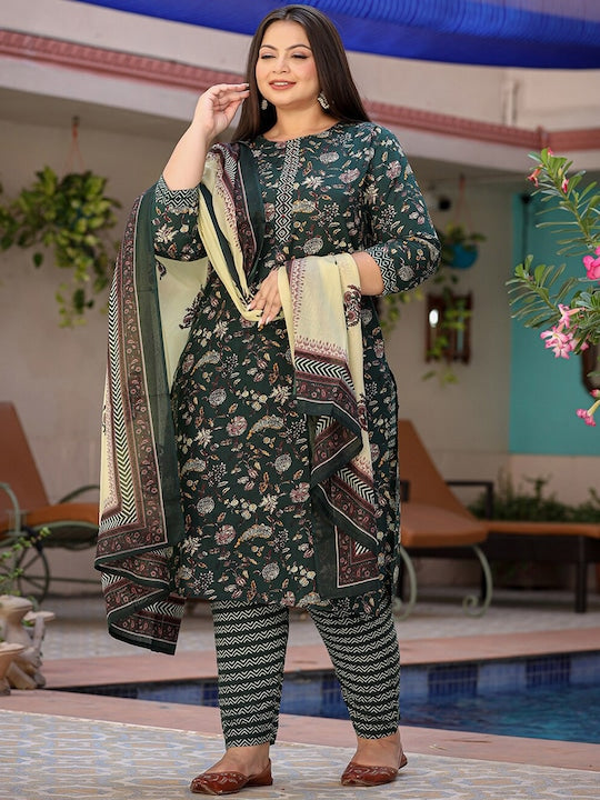 Yufta Plus Size Floral Printed Pure Cotton Straight Kurta & Trousers With Dupatta