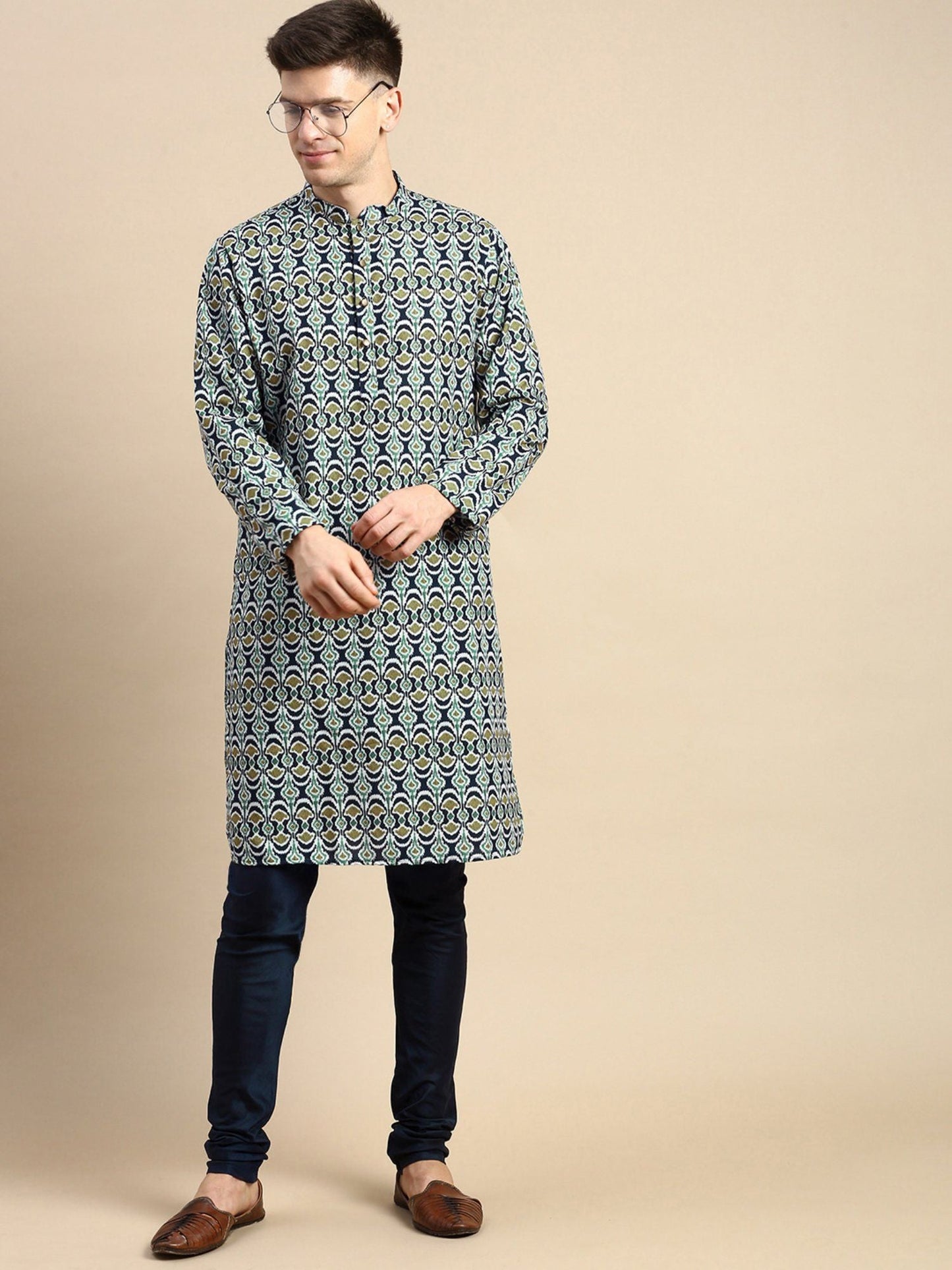 Amodh by Kisah Mens Blue Kurta Churidar (Set of 2)