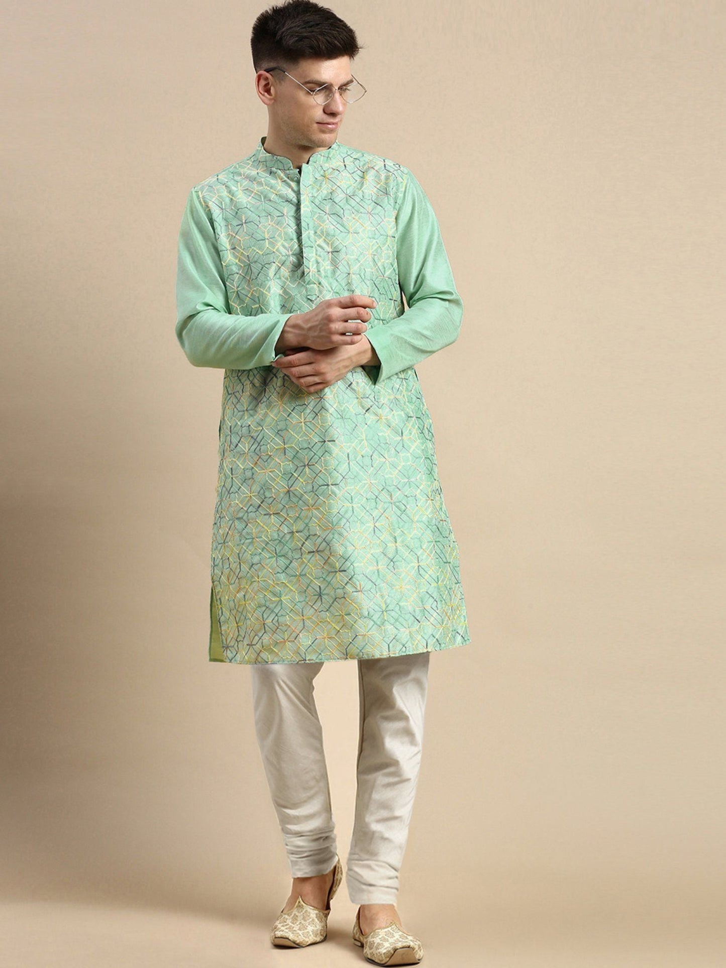 Amodh by Kisah Mens Blue Kurta Churidar (Set of 2)