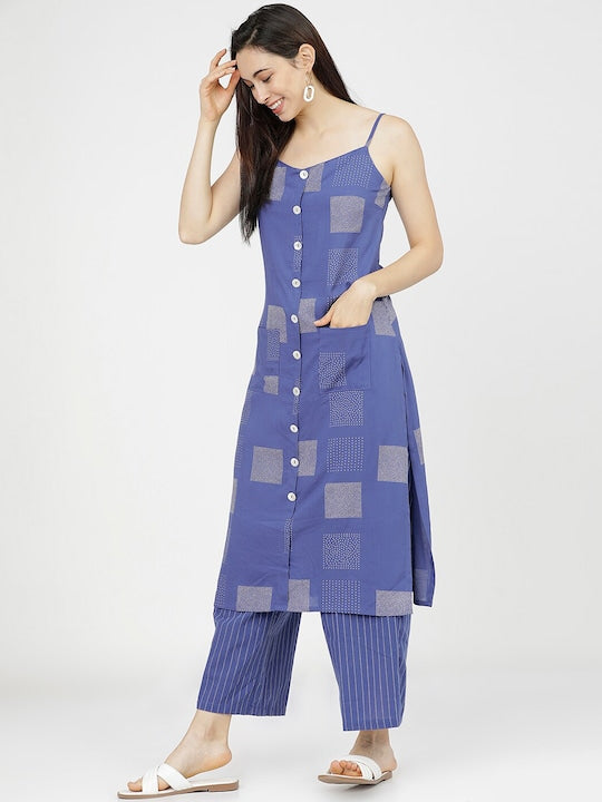 Vishudh Women Blue Printed Panelled Kurta with Palazzos