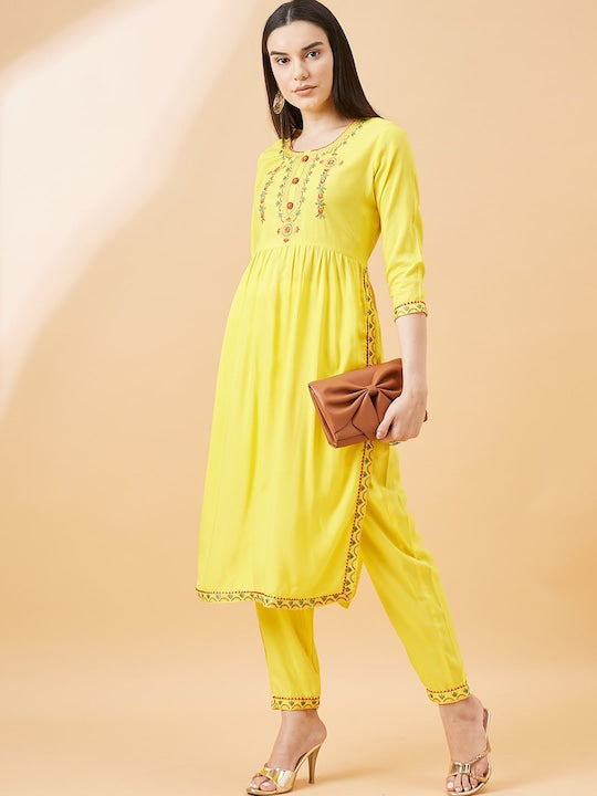 All about you Floral Embroidered Round Neck High Slit Kurta With Trouser