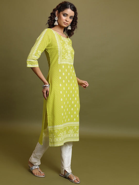 Vishudh Lime Green Floral Printed Three-Quarter Sleeves Cotton Straight Kurta