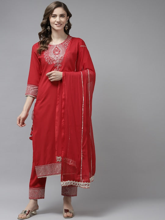 Yufta Women Red Ethnic Motifs Yoke Design Sequinned Cotton Kurta with Trousers & Dupatta