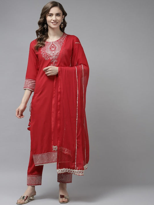 Yufta Women Red Ethnic Motifs Yoke Design Sequinned Cotton Kurta with Trousers & Dupatta
