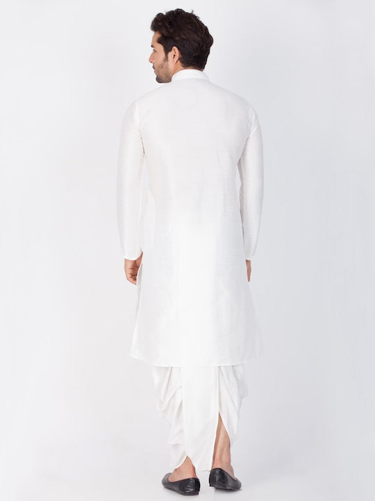 Vastramay Men White Solid Kurta with Dhoti Pants