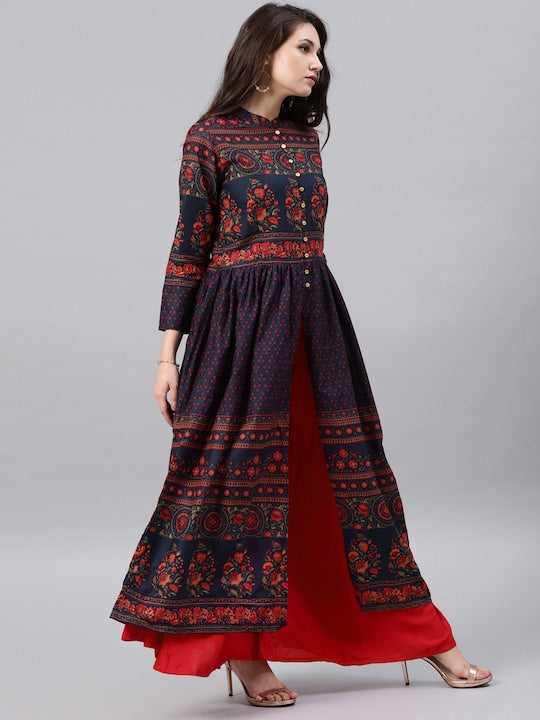 Vishudh Navy Blue Floral Print Cotton Anarkali With Hight Slit