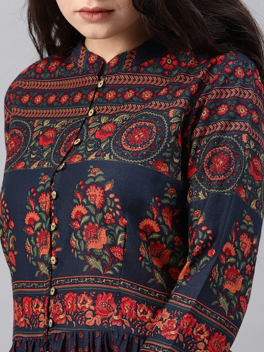 Vishudh Navy Blue Floral Print Cotton Anarkali With Hight Slit