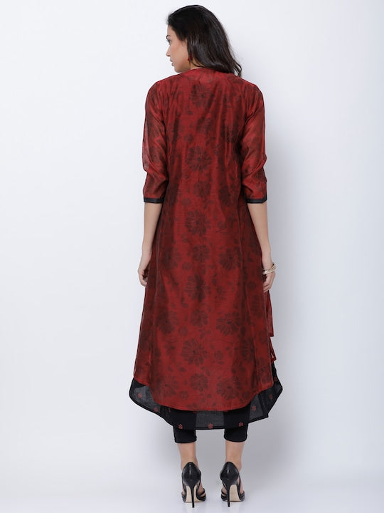 Vishudh Women Black & Maroon Printed A-Line Kurta