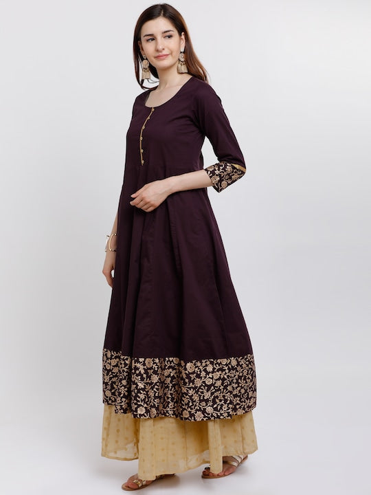 Vishudh Women Burgundy & Gold-Toned Woven Design Anarkali Kurta