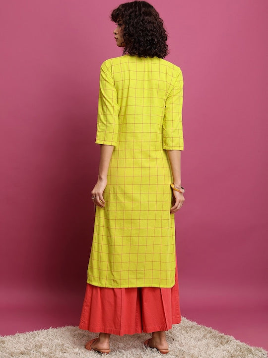 Vishudh Lime Green Checked Thread Work Detailed Cotton Straight Kurta