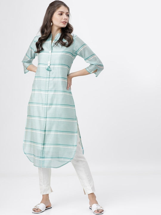 Vishudh Women Turquoise Blue & White Striped Kurta