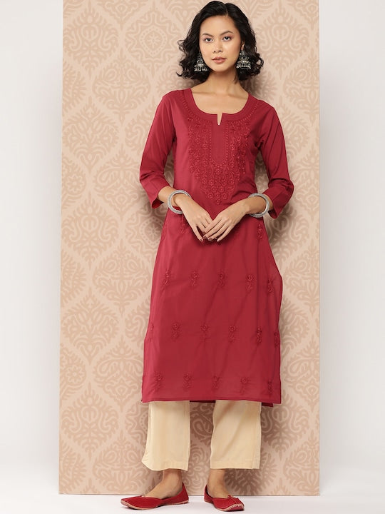 Yufta Floral Embroidered Chikankari Cotton Kurta Maroon