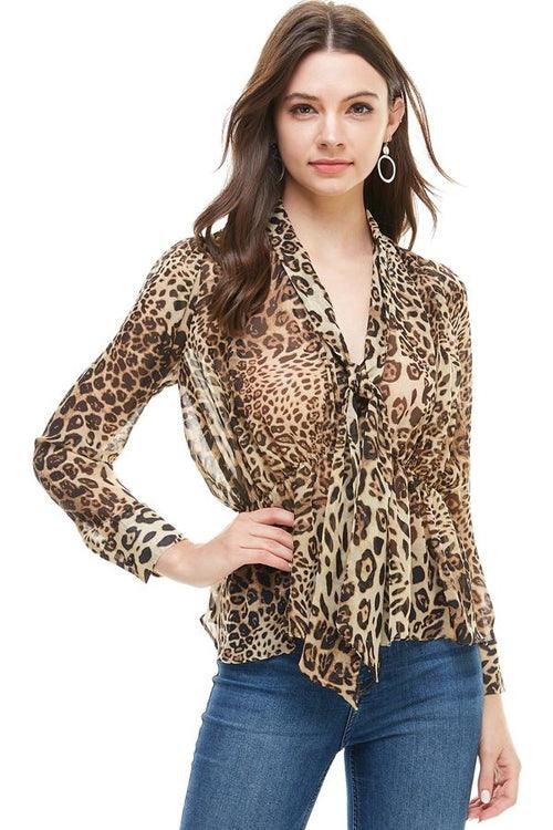 Animal Print Pleated Puff Sleeve Neck Tie Blouse - zoter Shop